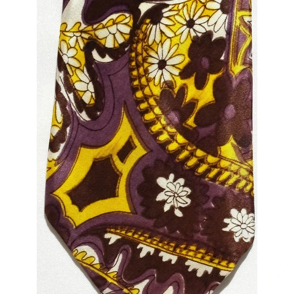 Vintage Vibrant Paisley Artsy Print Silk Neck Tie Retro Purple Yellow wide‎